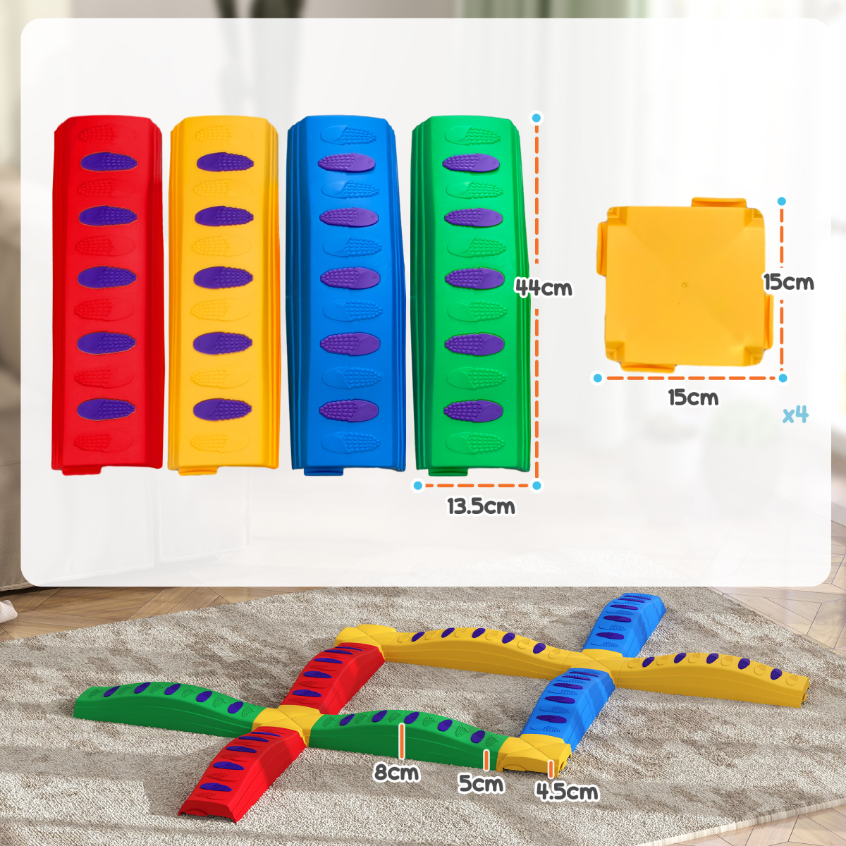AIYAPLAY 12 Piece Kids Balance Beam Stepping Stones Set with Non-Slip Foot Pads – Indoor Outdoor, Multicoloured
