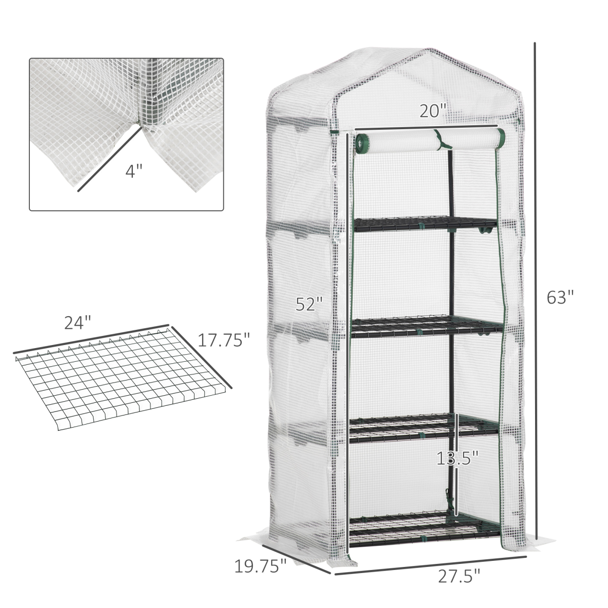 4-Tier Mini Greenhouse with Zipped Roll-up Door – Steel Frame Plant Grow House, 70 x 50 x 160cm, Dark Green & White