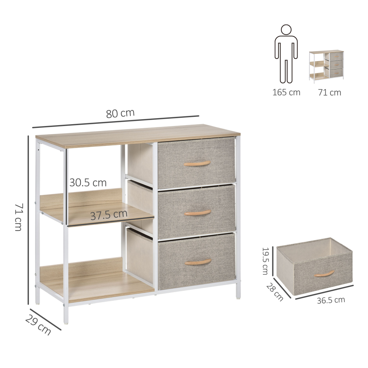 Chest Dresser with 3 Removable Fabric Drawers & Shelves – Metal Frame Storage Cabinet Organiser, Beige