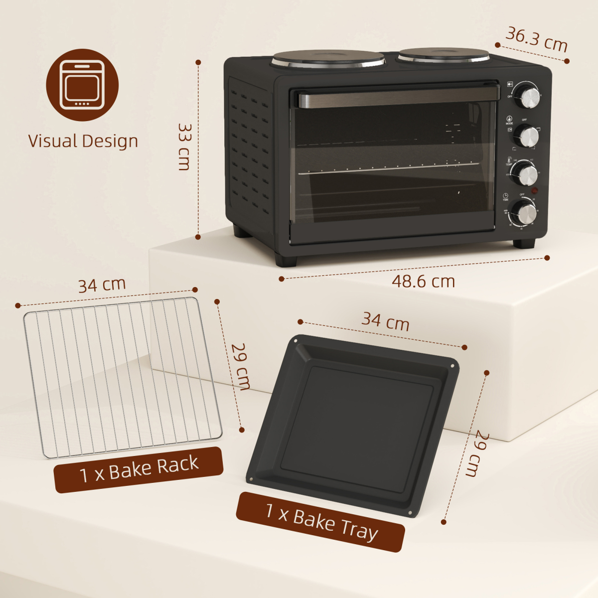 HOMCOM 28L Countertop Toaster Oven with 2 Hot Plates – Grill, Roast & Bake, 2600W