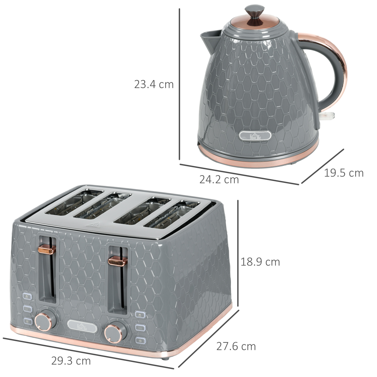 HOMCOM 1.7L Fast Boil Kettle & 4-Slice Toaster Set with Defrost & Reheat Settings – Honeycomb Texture, Grey