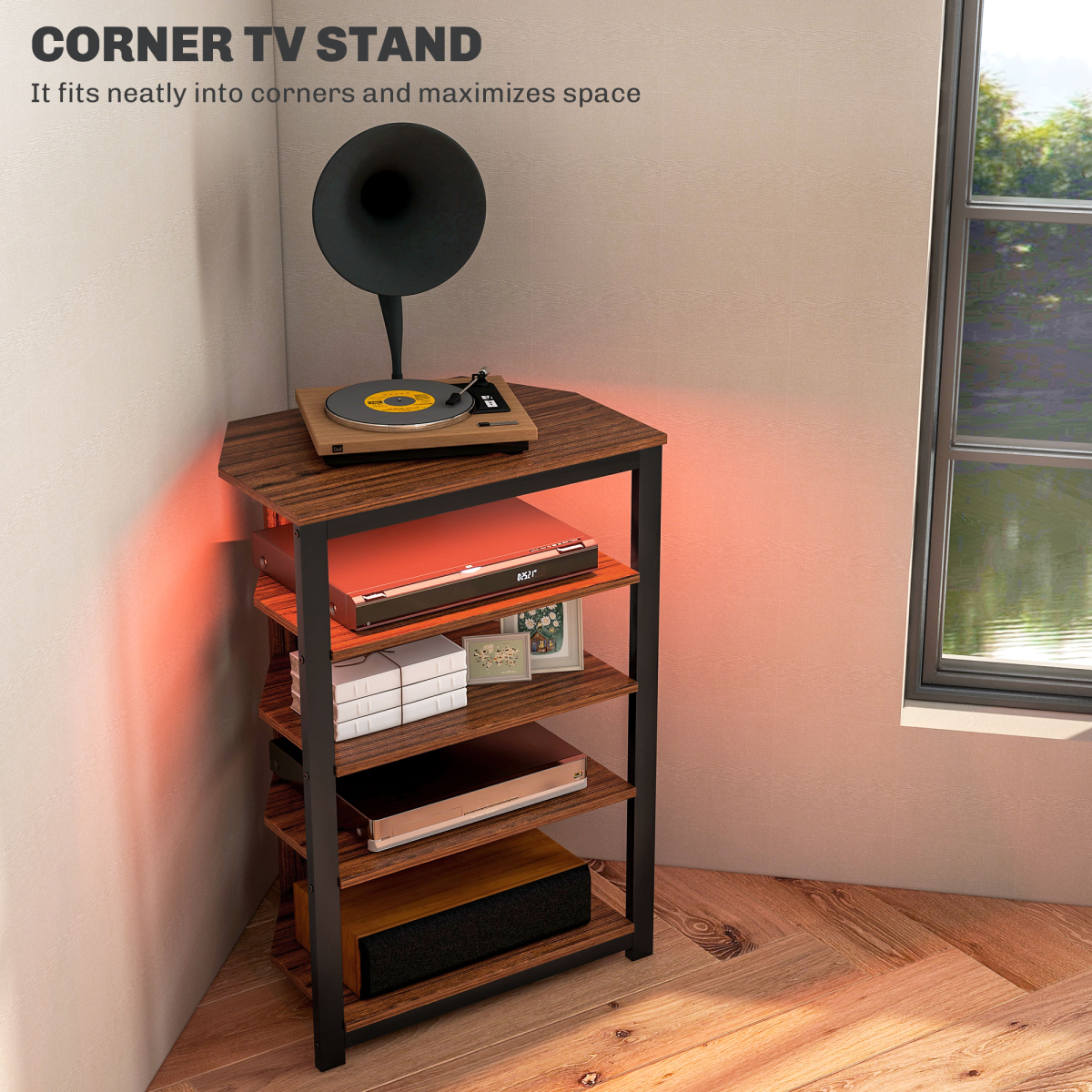 Corner TV Stand with RGB LED Lights & 4 Shelves – Space-Saving Gaming & Media Unit, Chestnut Brown