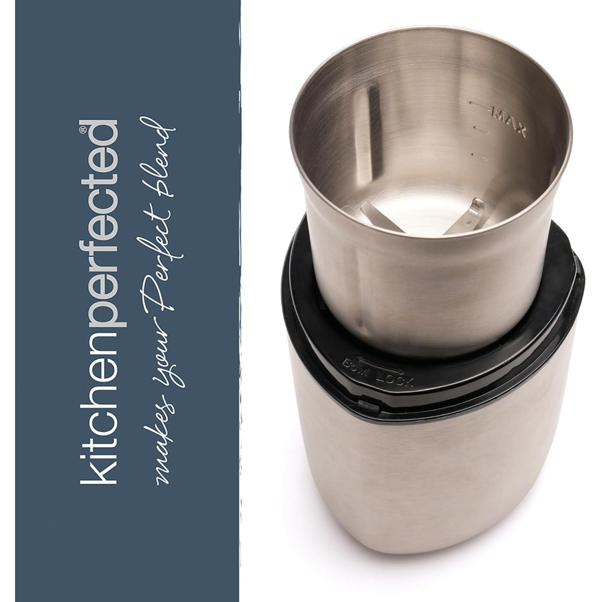 KitchenPerfected 200W Spice & Coffee Grinder with One-Touch Pulse and Stainless Steel Blade – Brushed Steel