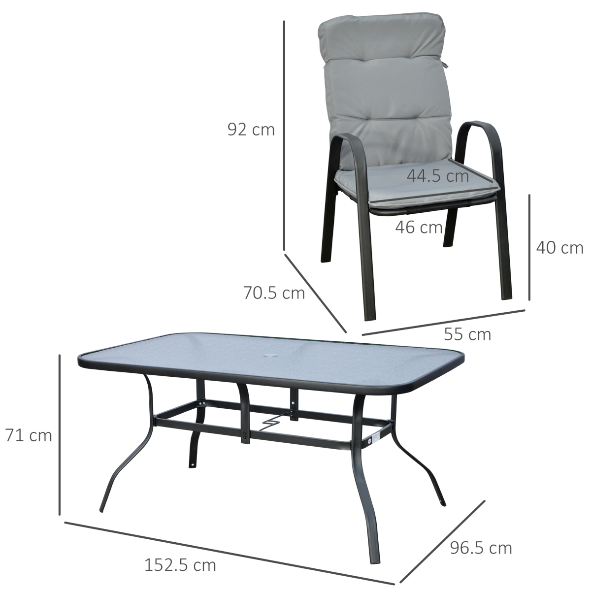 Outsunny 7-Piece Garden Dining Set with Glass-Top Table, Umbrella Hole & Cushioned Chairs – Steel Frame, Black