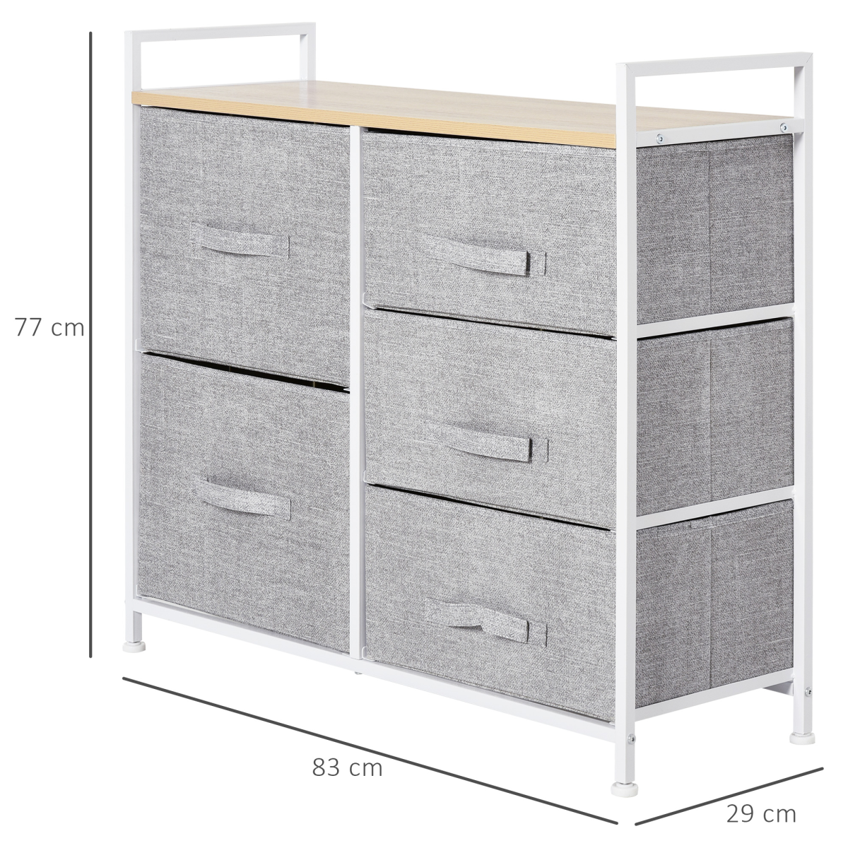 HOMCOM 5 Drawer Fabric Storage Unit with Metal Frame, Wood Top and Adjustable Feet – Bedroom Linen Chest