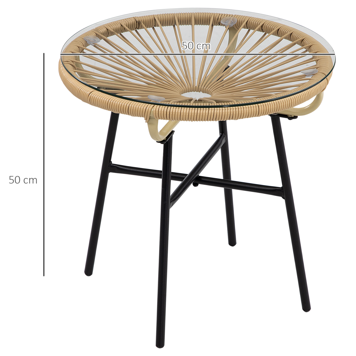 Outsunny Round PE Rattan Side Table with 5mm Tempered Glass Top & Powder-Coated Metal Frame