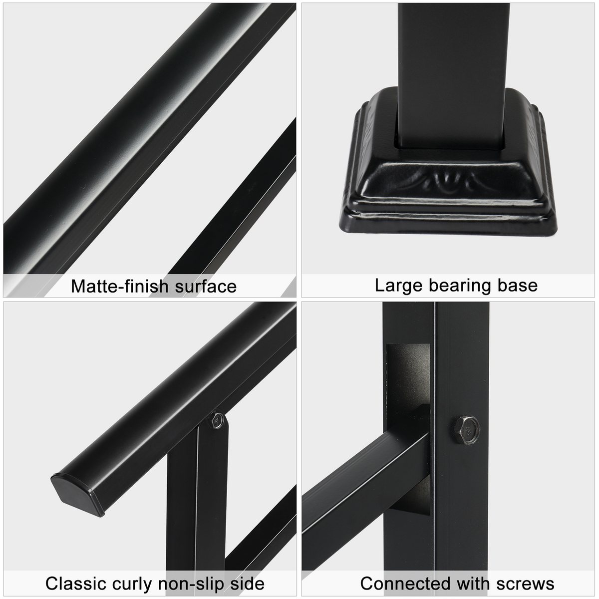 Wrought Iron Handrail for Outdoor Steps, Fits 1 to 3 Steps – Black Powder-Coated Rail with Installation Kit