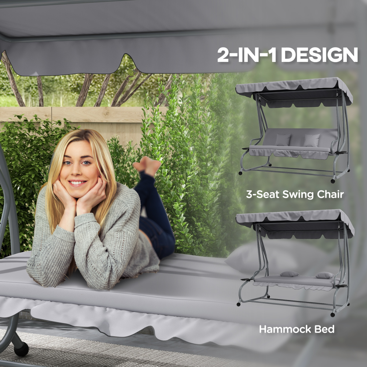 Outsunny 2-in-1 3-Seater Garden Swing Chair with Adjustable Canopy, Side Trays & Pillows – Converts to Bed, Grey