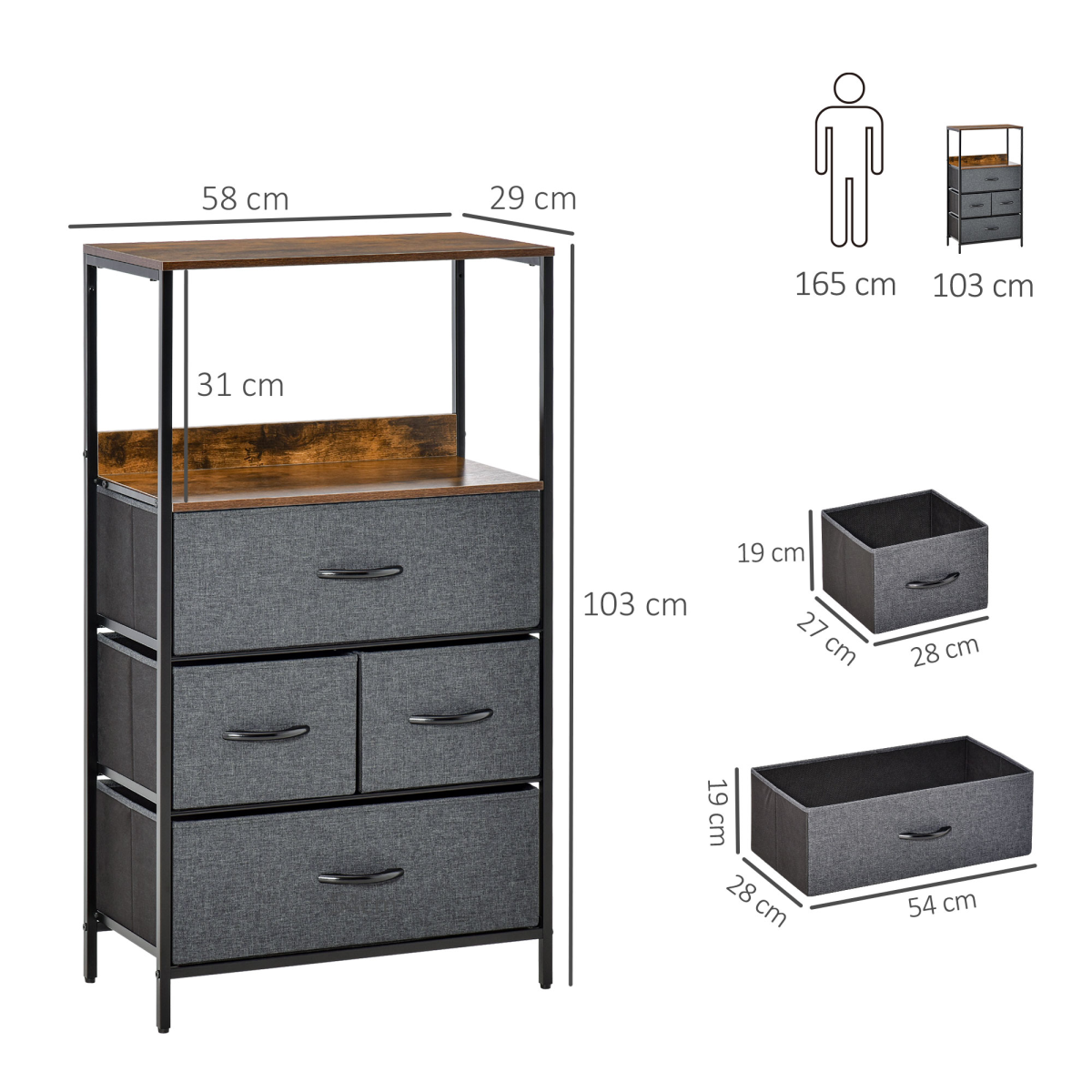 4 Drawer Storage Chest Unit with Top Shelves and Metal Frame – Living Room and Bedroom Storage, Black