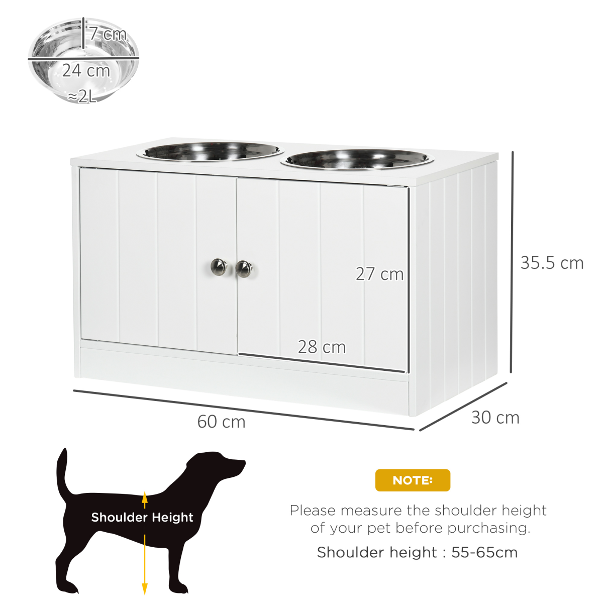 PawHut Raised Dog Feeding Station with 2 Stainless Steel Bowls & Hidden Storage – Large Dogs, White
