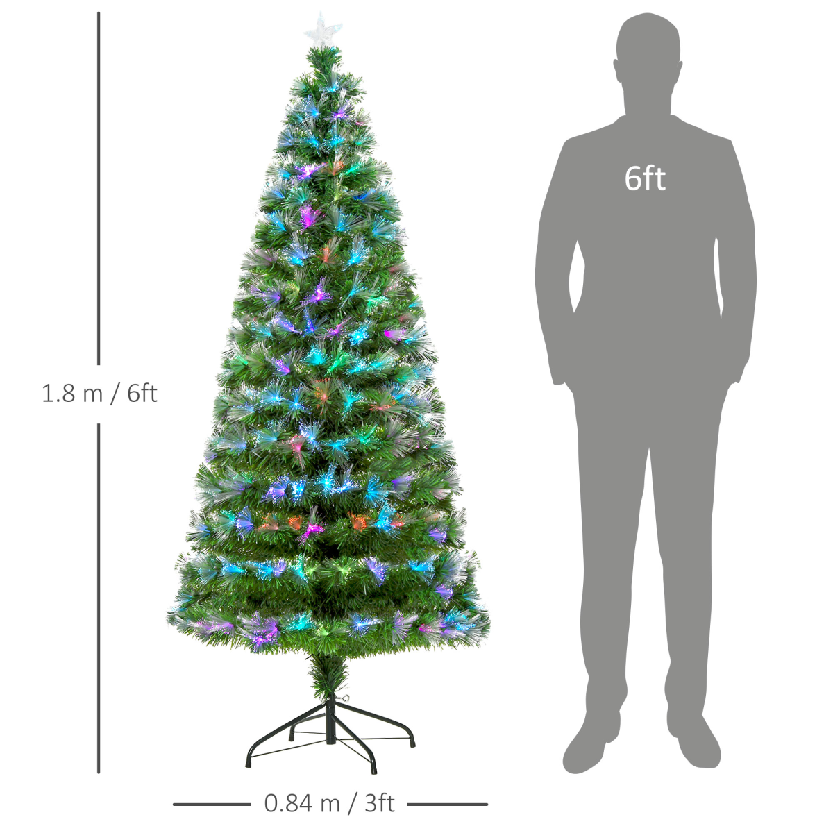 HOMCOM 6ft Multicoloured Artificial Christmas Tree with 230 Fibre Optic LED Lights and Star Holder – Metal Base