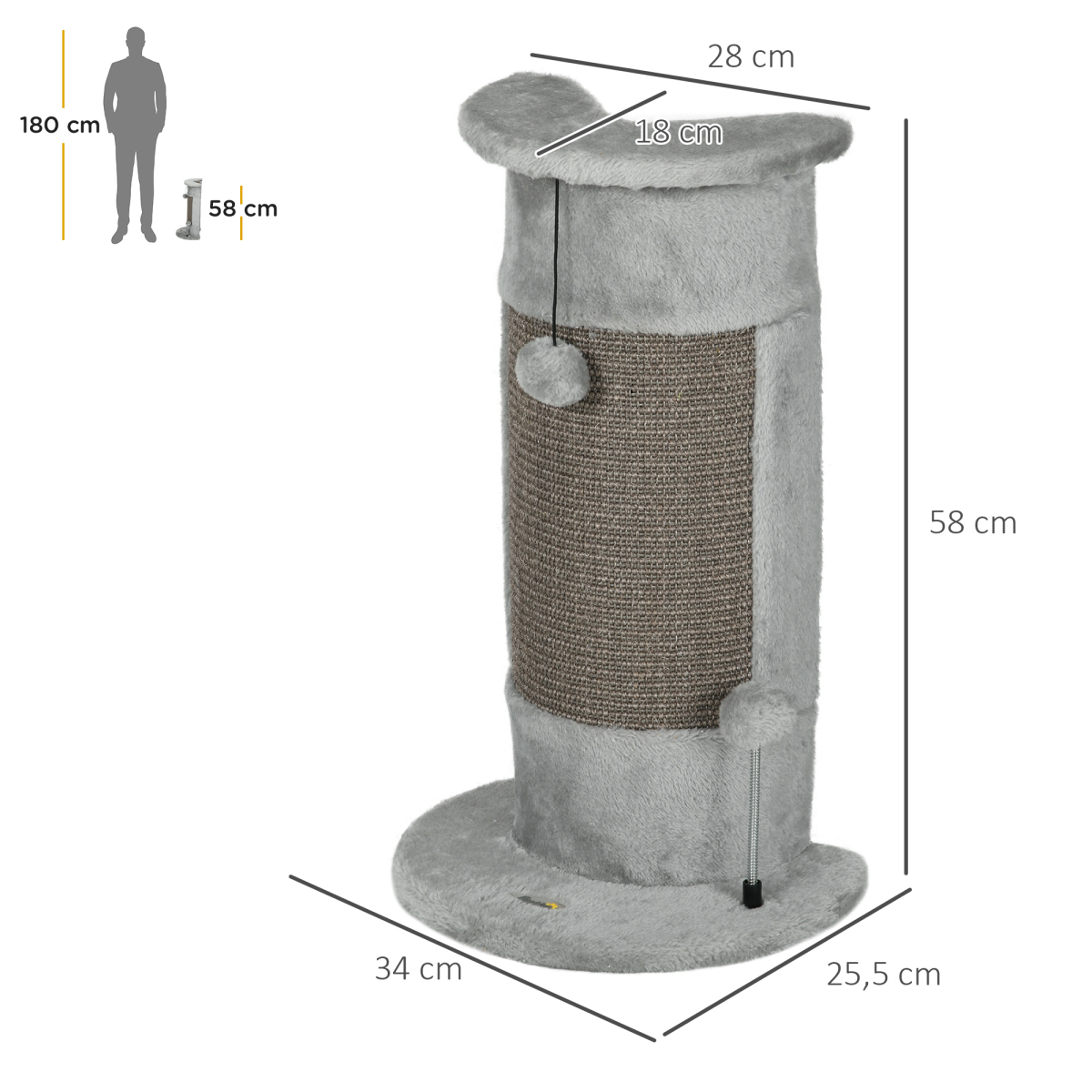 PawHut 58cm Corner Wall-Mounted Cat Scratching Post with Plush Platform, Sisal Rope & Toy Balls, Grey