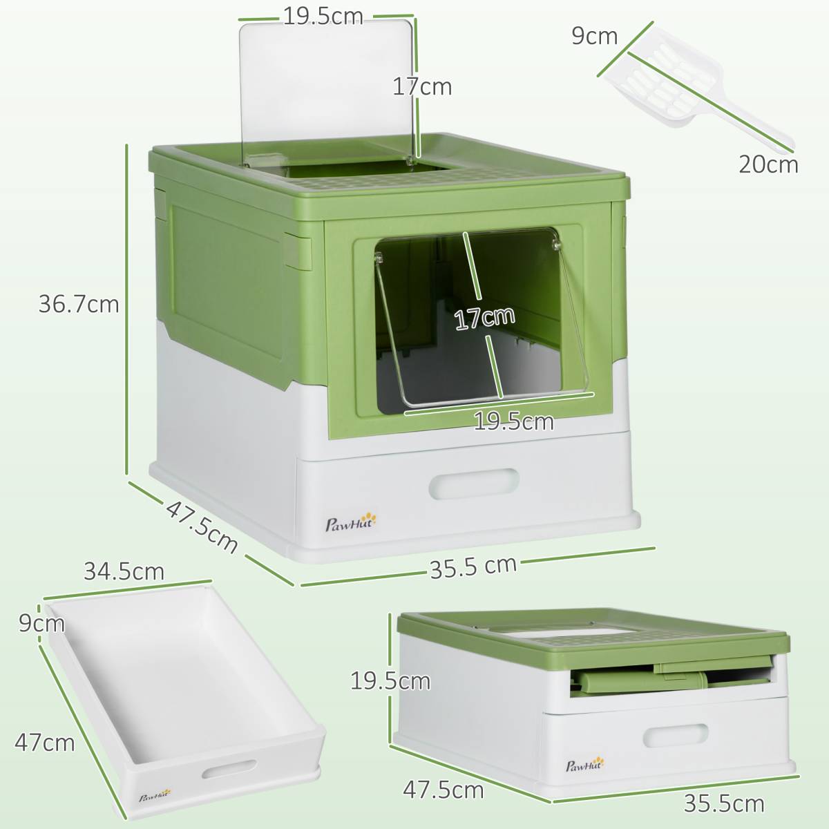 PawHut Hooded Cat Litter Box with Scoop and Tray – Enclosed Pet Toilet with Front and Top Entry, Lime Green
