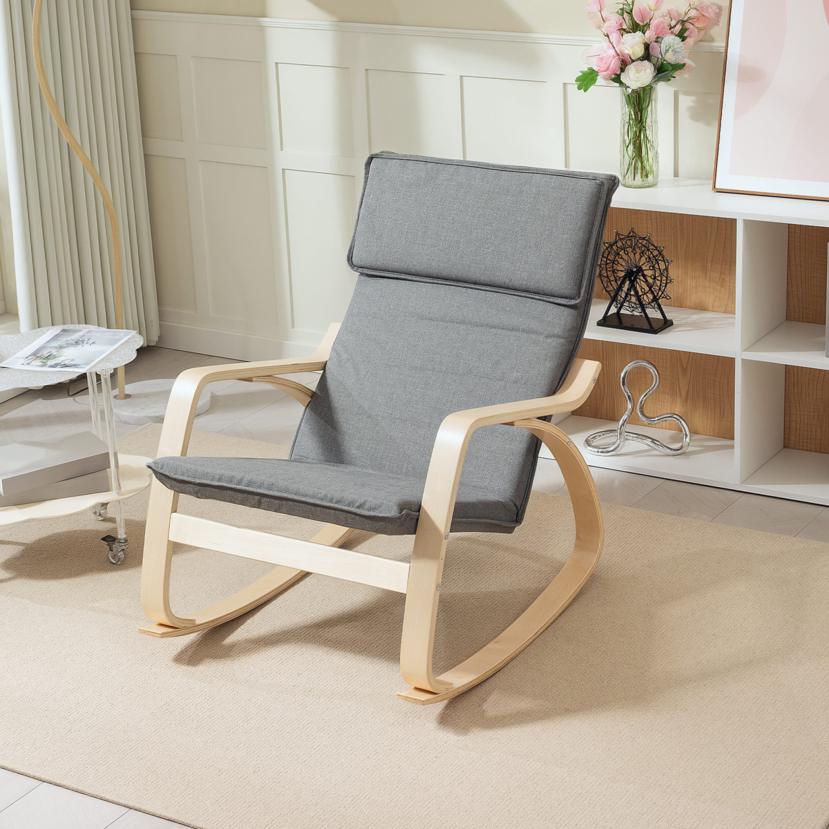 Rocking Chair with High Back, Headrest & Curved Wooden Frame – Linen-Feel Upholstered Armchair, Grey