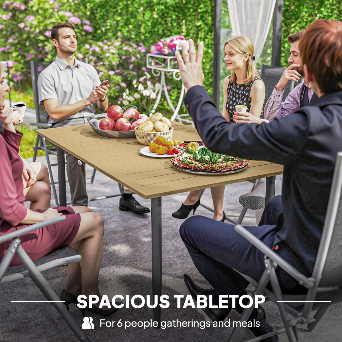 Outsunny Garden Dining Table for 6 with Parasol Hole, Slatted Steel Top, 150 x 90 cm – Outdoor Table, Brown