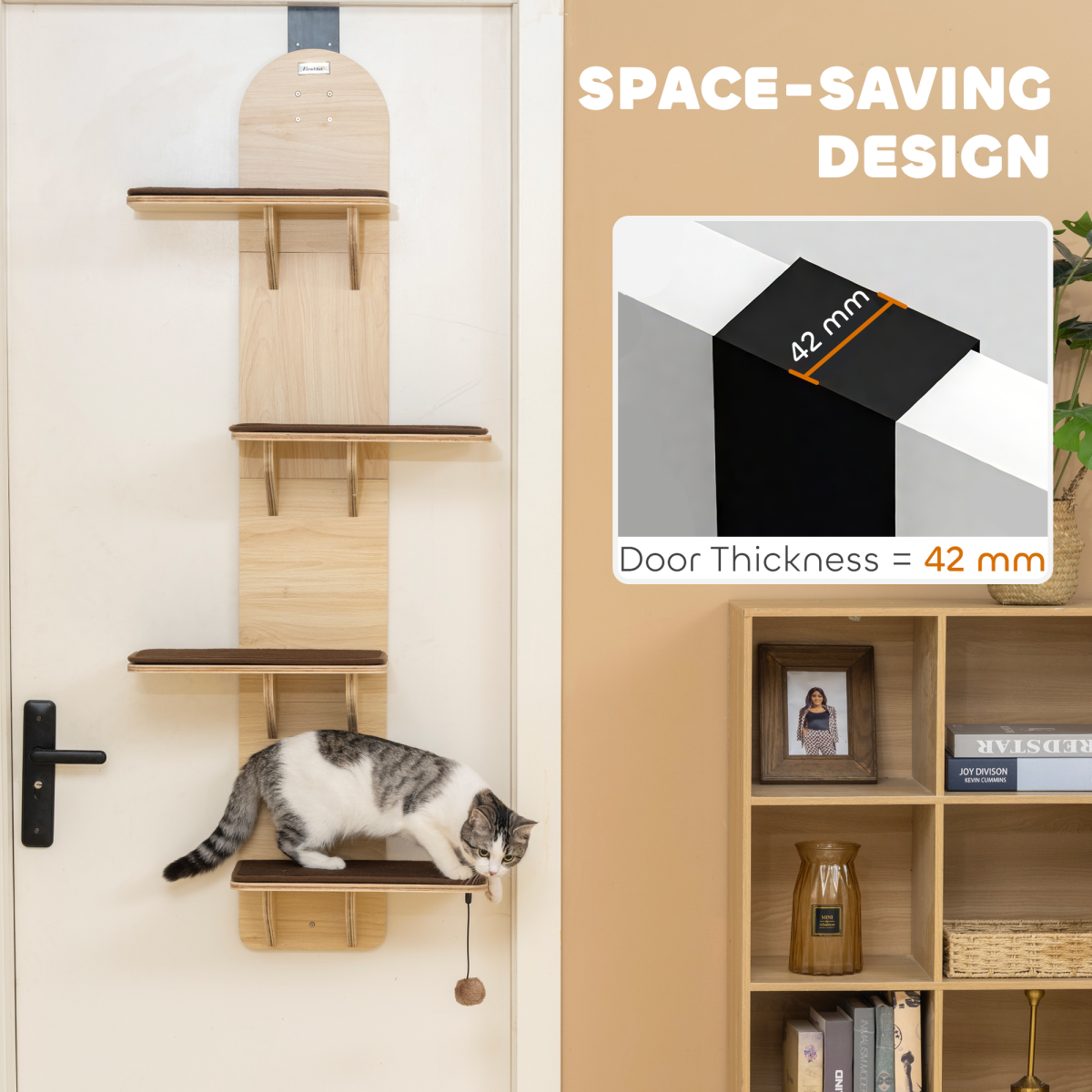 PawHut 4-Level Door Mounted Cat Tree with Plush Pads & Toy Ball – Space-Saving Cat Climbing Shelves, Oak