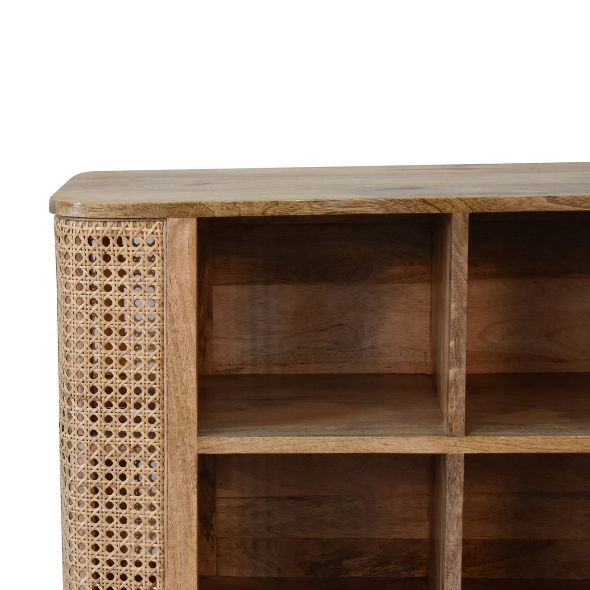 Artisan Furniture Solid Wood Larissa Open Double Cabinet with Rattan Design – 4 Shelves, Beige