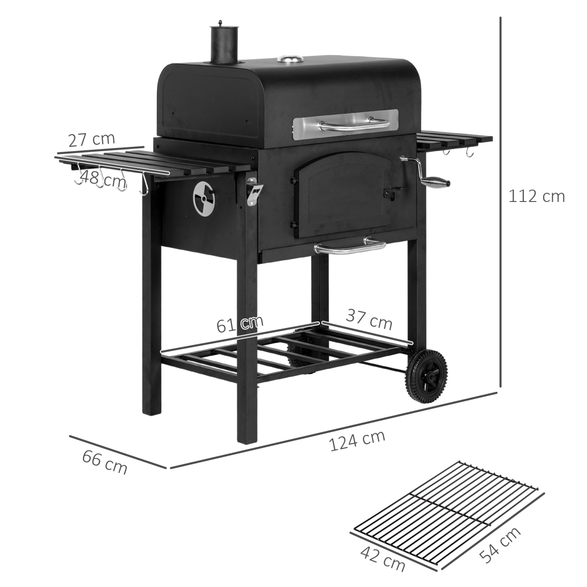 Outsunny 3-in-1 Charcoal BBQ Grill Trolley with Adjustable Charcoal Height & Thermometer – BBQ, Smoker, Stove