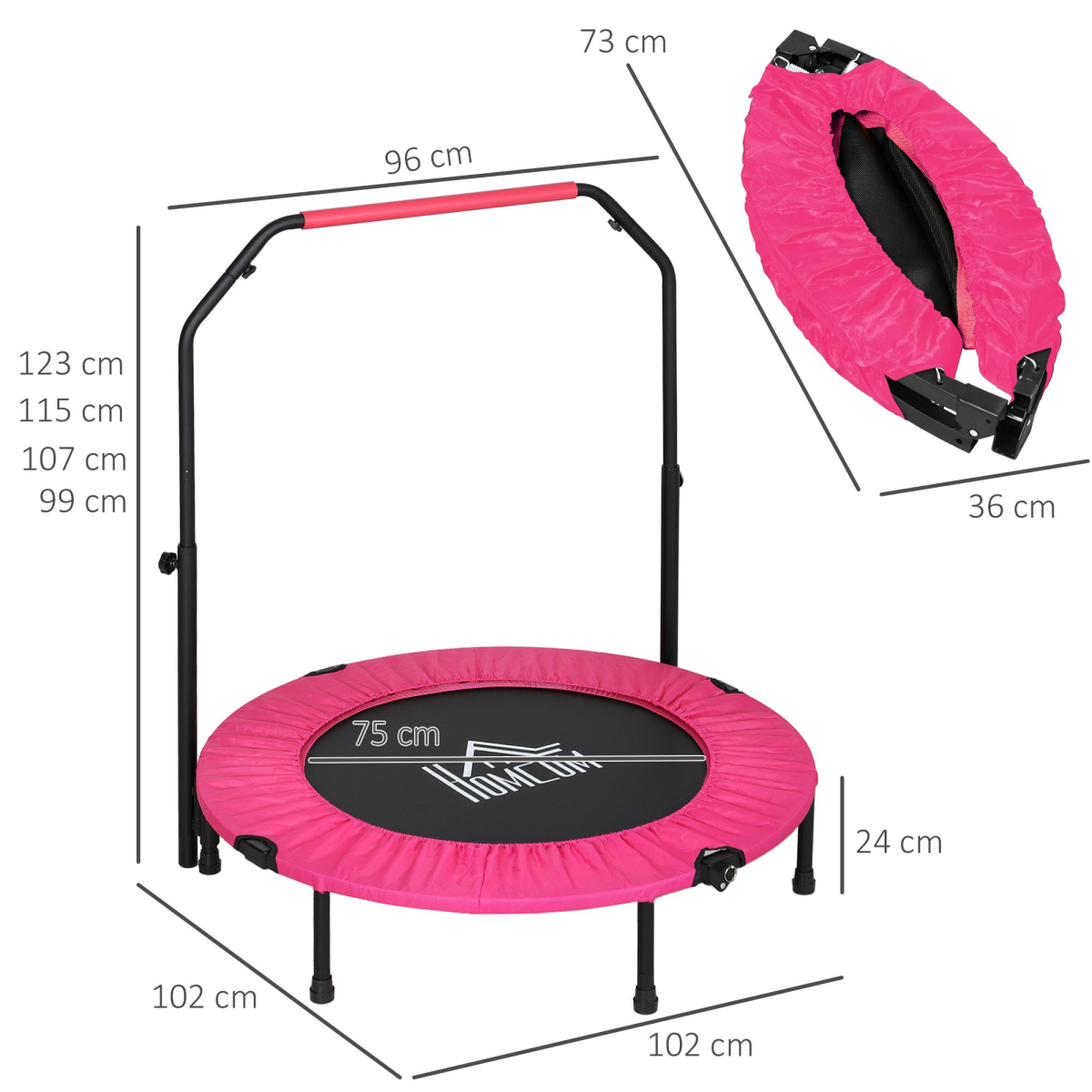 HOMCOM 40" Foldable Mini Fitness Trampoline with Foam Handle – 4-Level Adjustable Rebounder, Pink
