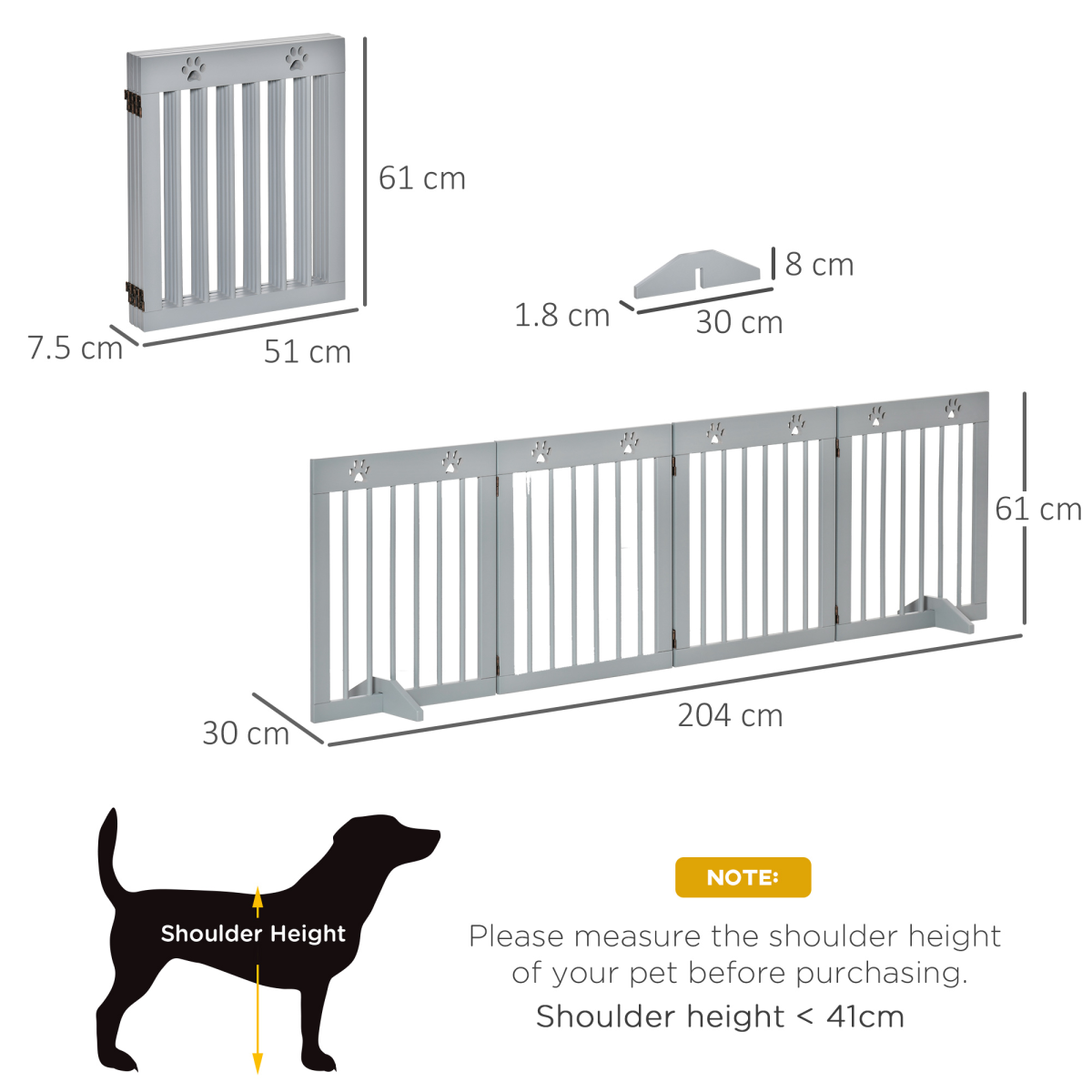 PawHut Freestanding Pet Gate with 4 Folding Panels & Support Feet – Wooden Dog Barrier for Doors and Stairs
