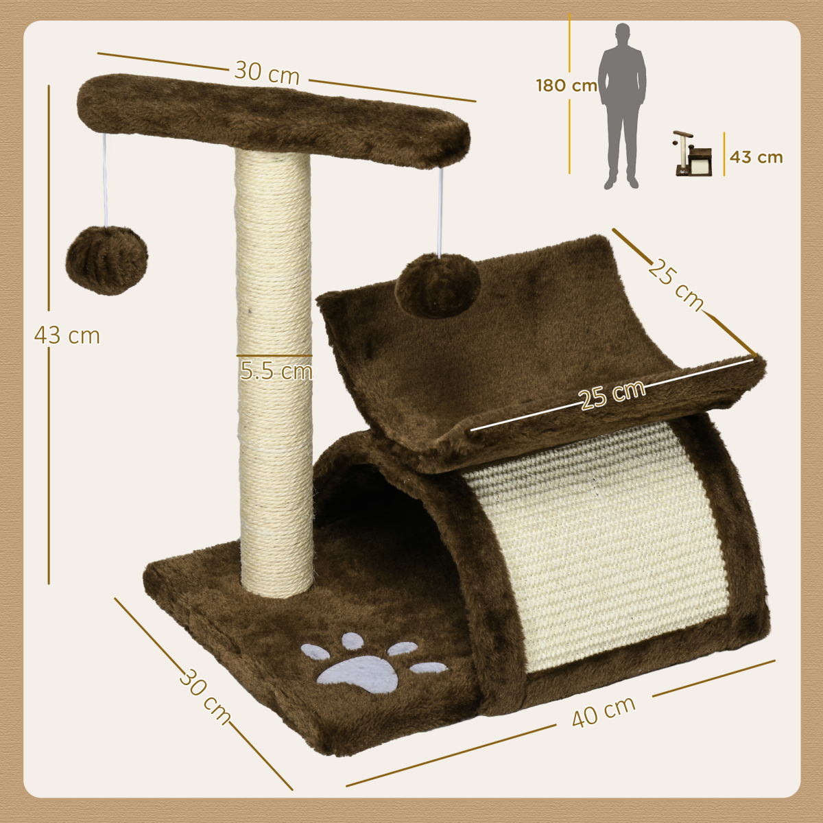 PAWHUT Cat Tree with Sisal Scratching Bridge, Tunnel and Dangling Balls – Plush Kitty Activity Centre for Indoor Cats