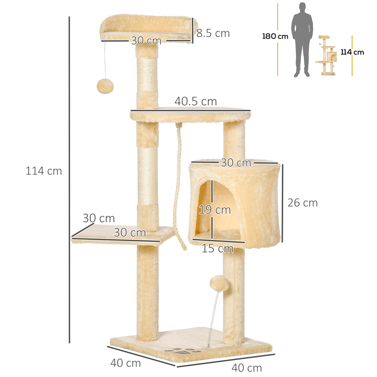 Pawhut 114cm Four-Tier Cat Tree with Sisal Posts, Condo and Dangling Toys – Indoor Activity Centre, Beige