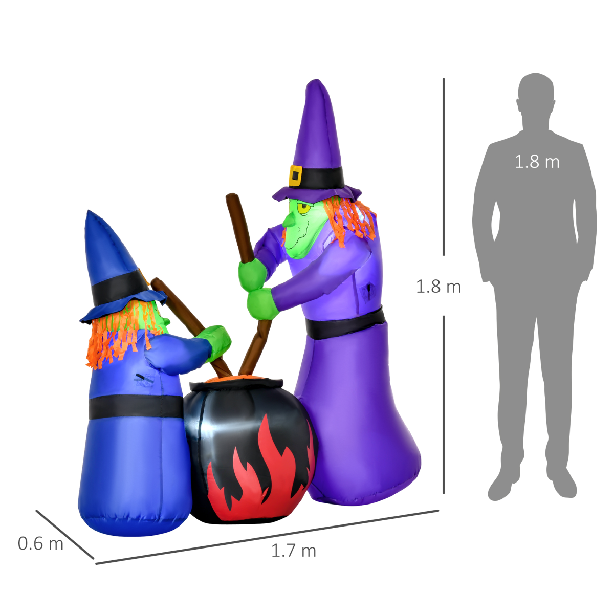 HOMCOM 1.8m Inflatable Halloween Witches Around a Black Cauldron with LED Lights – Outdoor Lawn Decoration