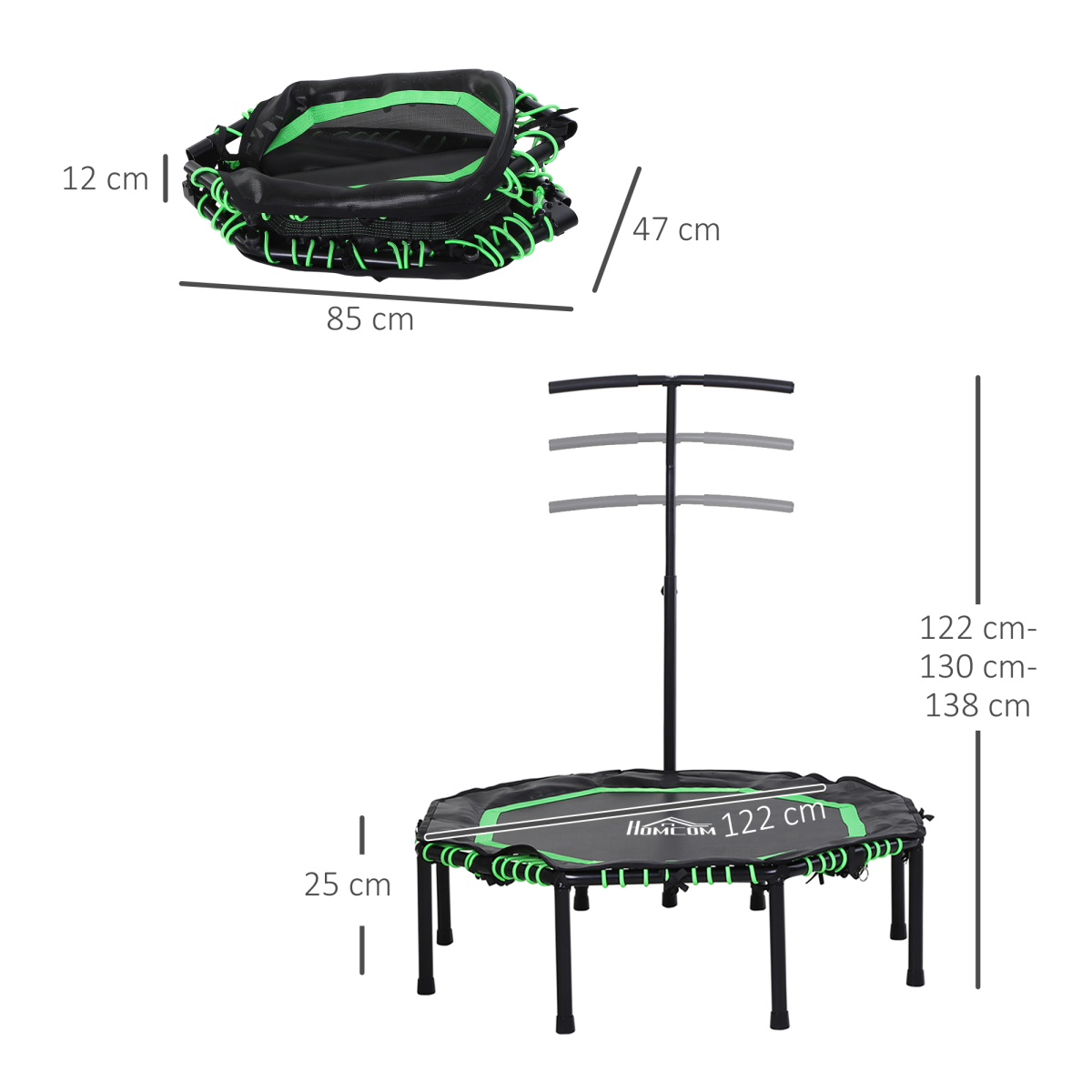 HOMCOM Foldable Fitness Trampoline with 3-Level Adjustable Handle – Rebounder for Adults & Teens, Green