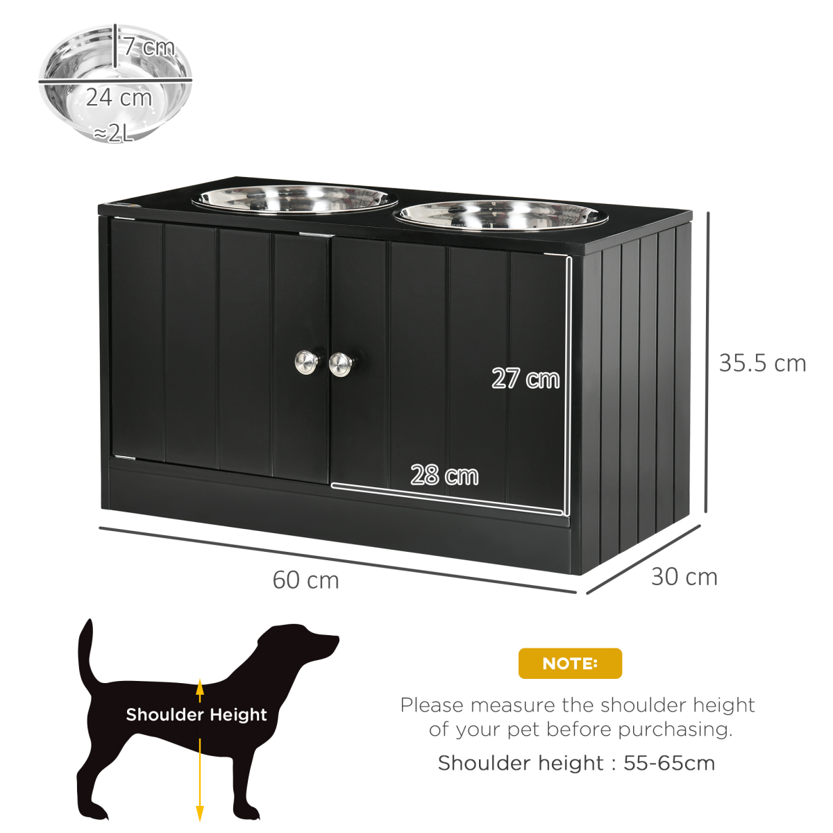 PawHut Raised Dog Bowls with Storage Cabinet – Elevated Feeding Station Stand for Large Dogs, Black