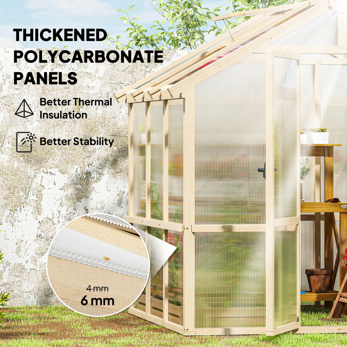 Outsunny 6.6x6ft Wooden Polycarbonate Greenhouse with Lockable Door & Top Vent, Fir Wood Frame – Brown