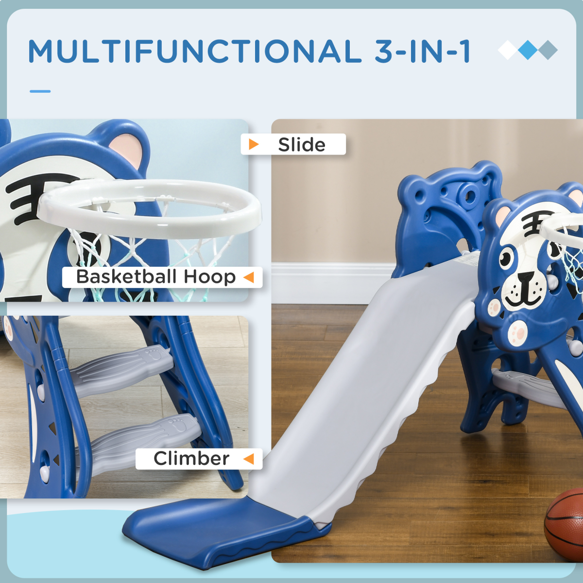 Kids 3-in-1 Slide with Climber & Basketball Hoop – Indoor Toddler Play Slide for 18-36 Months, Blue & Grey