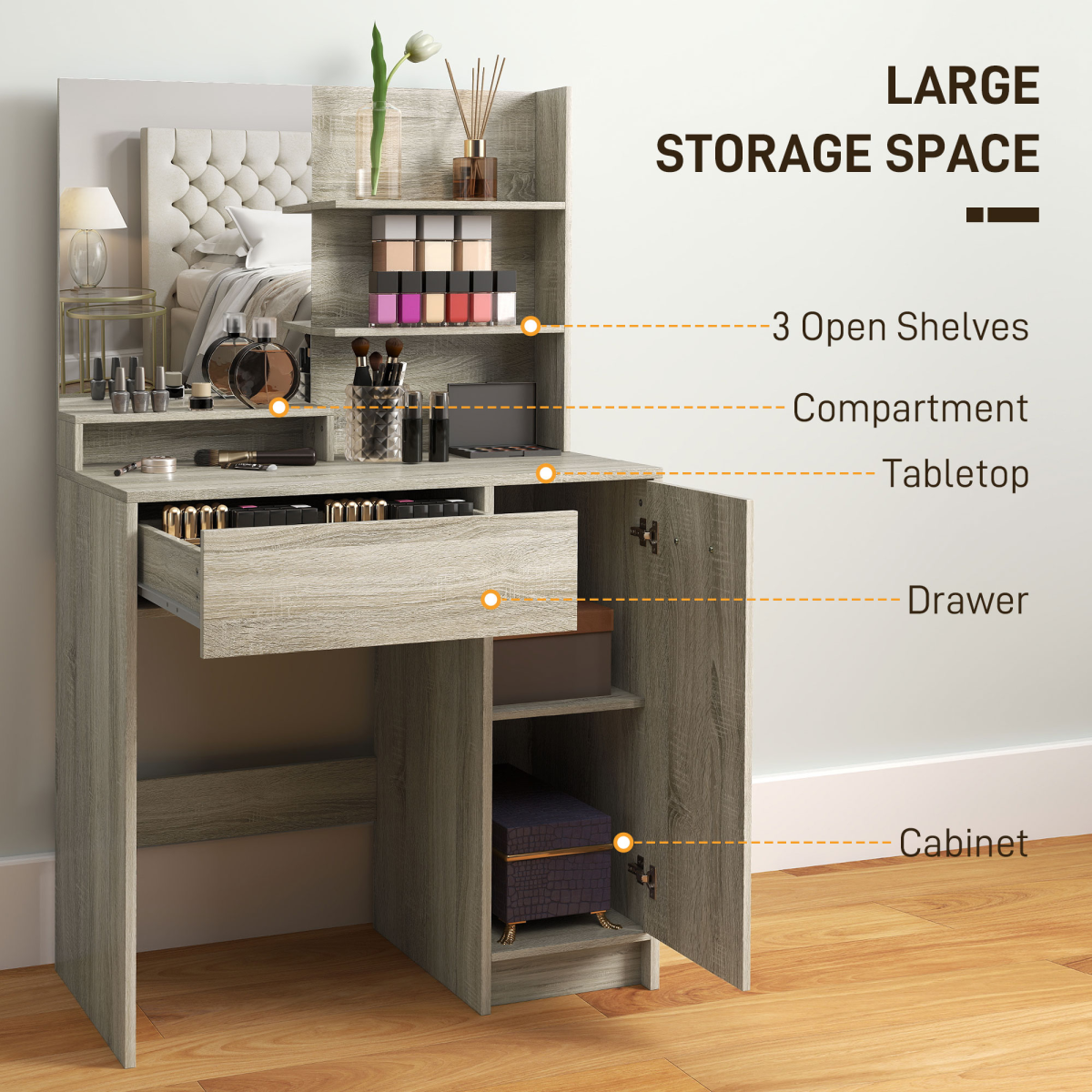 HOMCOM Dressing Table with Mirror, Padded Stool, Drawer & Cupboard – Makeup Vanity Storage