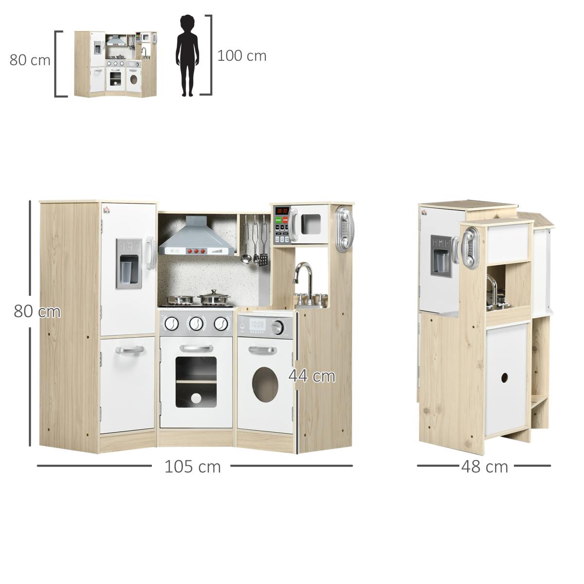 HOMCOM Corner Kids Kitchen with Sound & Light, Phone, Microwave, Oven & Range Hood – Wooden Role Play Set