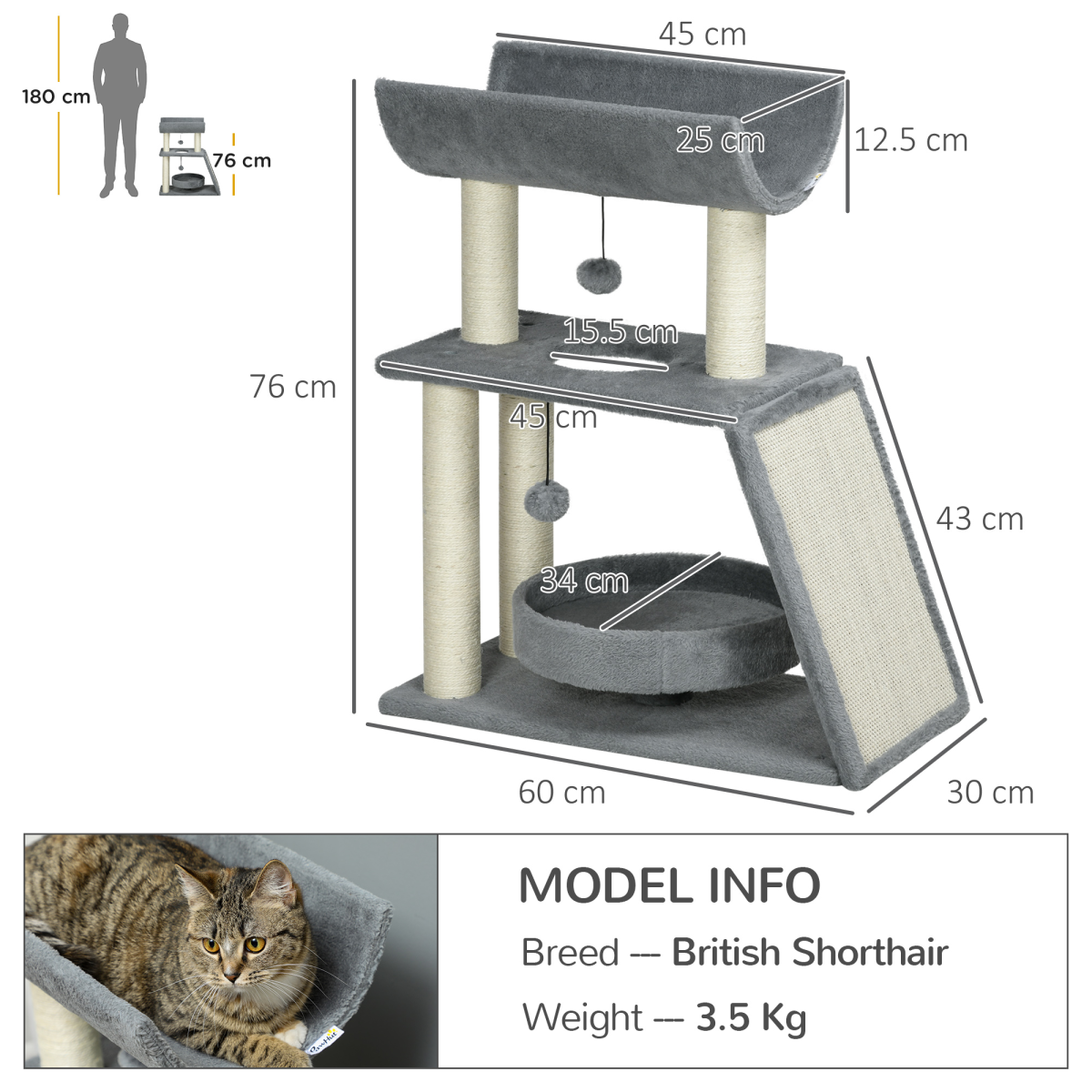 Cat Tree Tower for Indoor Cats with Scratching Posts, Padded Bed and Toy Ball – Light Grey