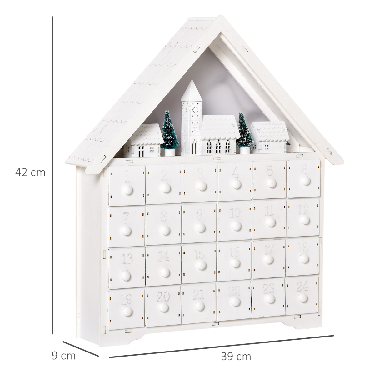HOMCOM 24-Drawer Wooden Christmas Advent Calendar with LED Lights – Light-Up Countdown, White