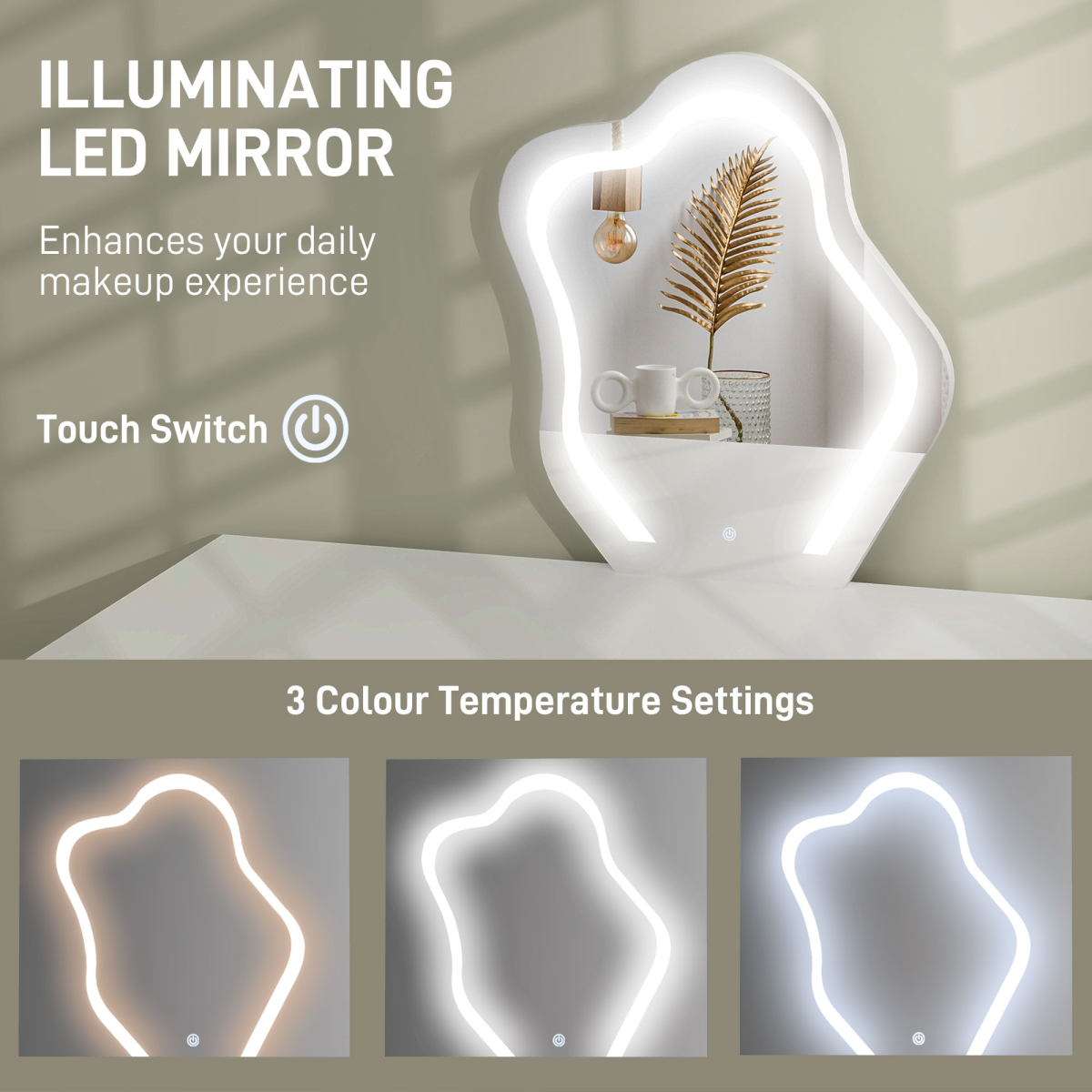 HOMCOM Dressing Table with LED Leaf Mirror, 5 Drawers & USB Power – White