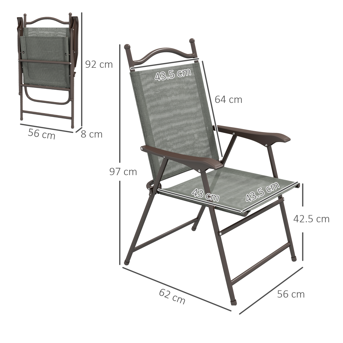 Outsunny Set of 2 Folding Garden Chairs with Armrests and Breathable Mesh Seats – Steel Frame, Dark Grey