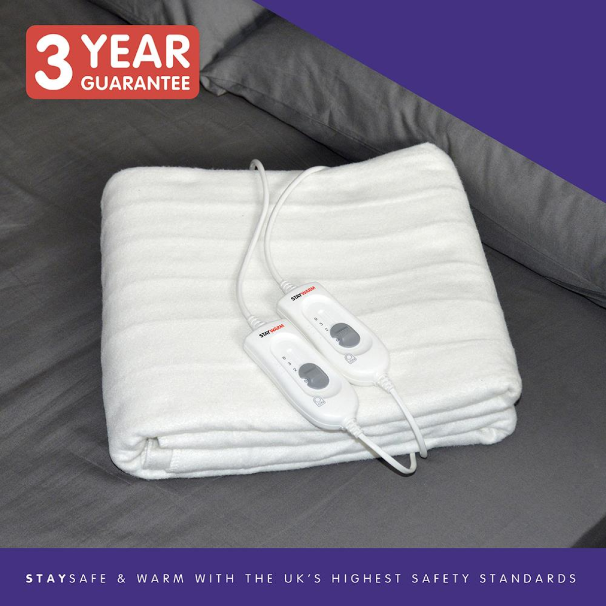 Staywarm Superior Double Electric Under Blanket with 3 Heat Settings & Overheat Protection – White