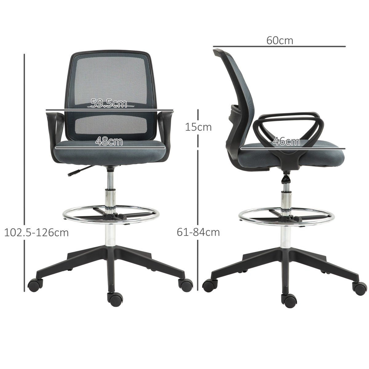Vinsetto Draughtsman Chair Tall Office Chair with Adjustable Height and Footrest – Mesh Back, Grey