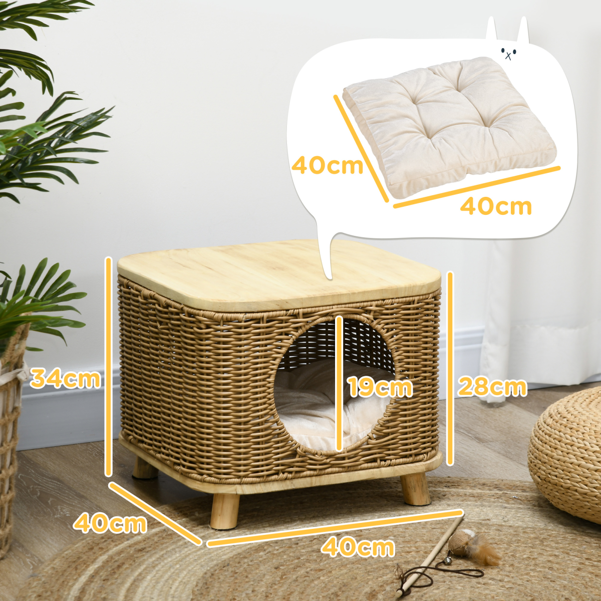 PawHut Elevated Wicker Cat House with Soft Cushion & Door Hole – Cosy Indoor Cat Bed, Light Brown