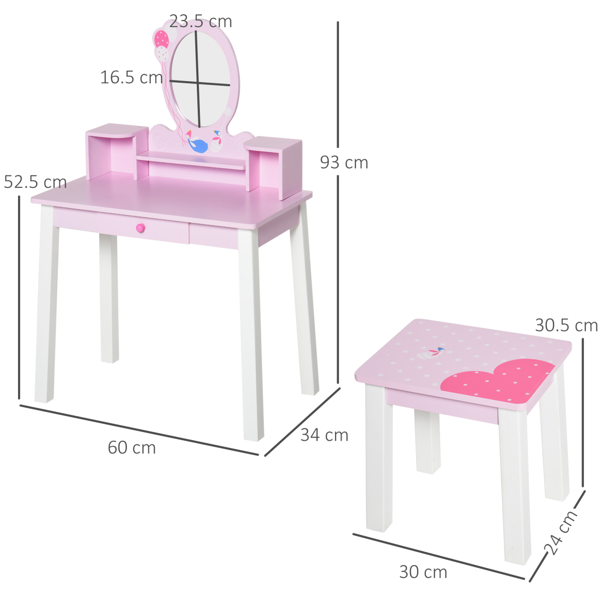HOMCOM Kids Dressing Table and Stool Set with Oval Mirror & Storage Drawer – Make Up Desk, Pink