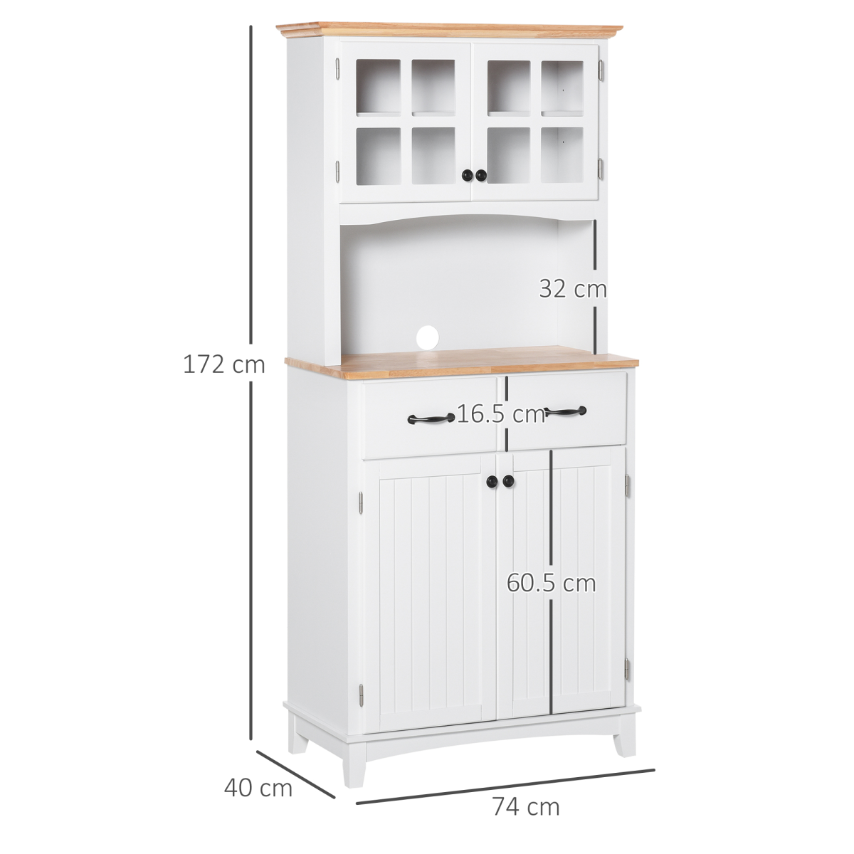 HOMCOM Kitchen Cupboard with Framed Glass Doors, 2 Drawers & Microwave Counter – Coastal Style, White