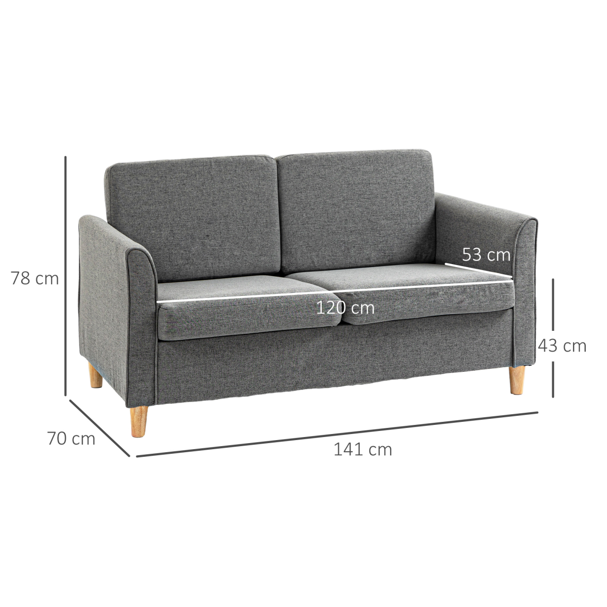 HOMCOM Linen 2 Seater Loveseat Sofa with Padded Armrests – Compact Sofa for Flats & Small Rooms, Grey