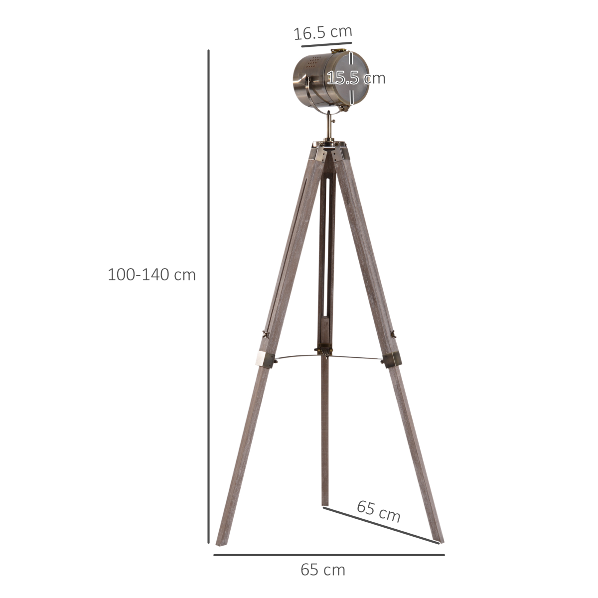 HOMCOM Industrial Tripod Searchlight Floor Lamp with Adjustable Height & Tilting Head – Wood & Bronze