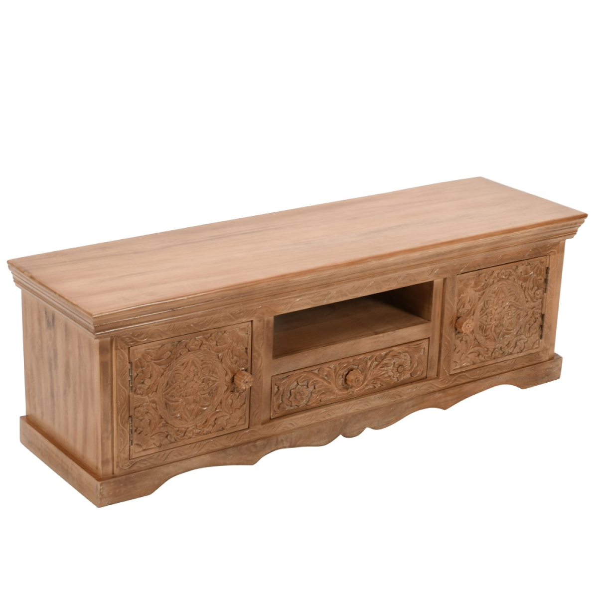 Artwork Carved Solid Mango Wood TV Cabinet with Media Storage – Handcrafted Artisan Living Room Unit