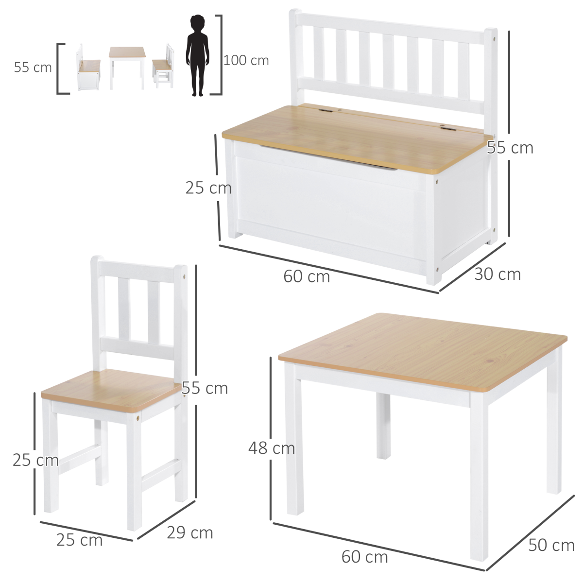 HOMCOM 4-Piece Kids Wooden Table & Chair Set with Storage Bench – Play Furniture for Ages 3+