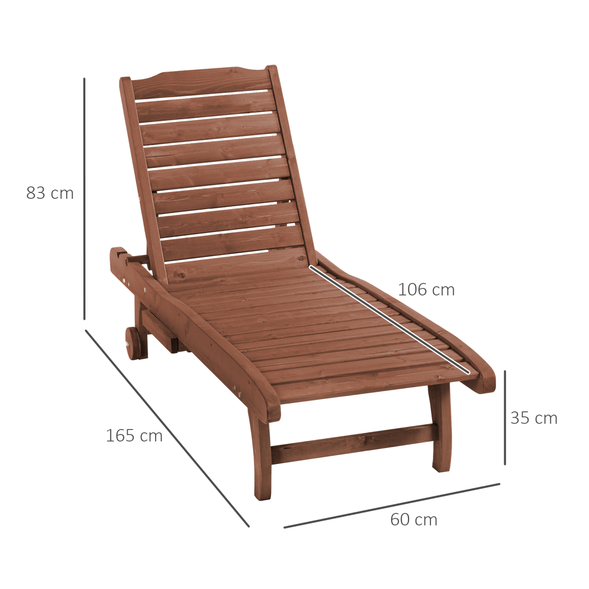 Outsunny Wooden Sun Lounger with 3-Position Adjustable Back & Pull-Out Table – Fir Wood, Wheels, Red Brown