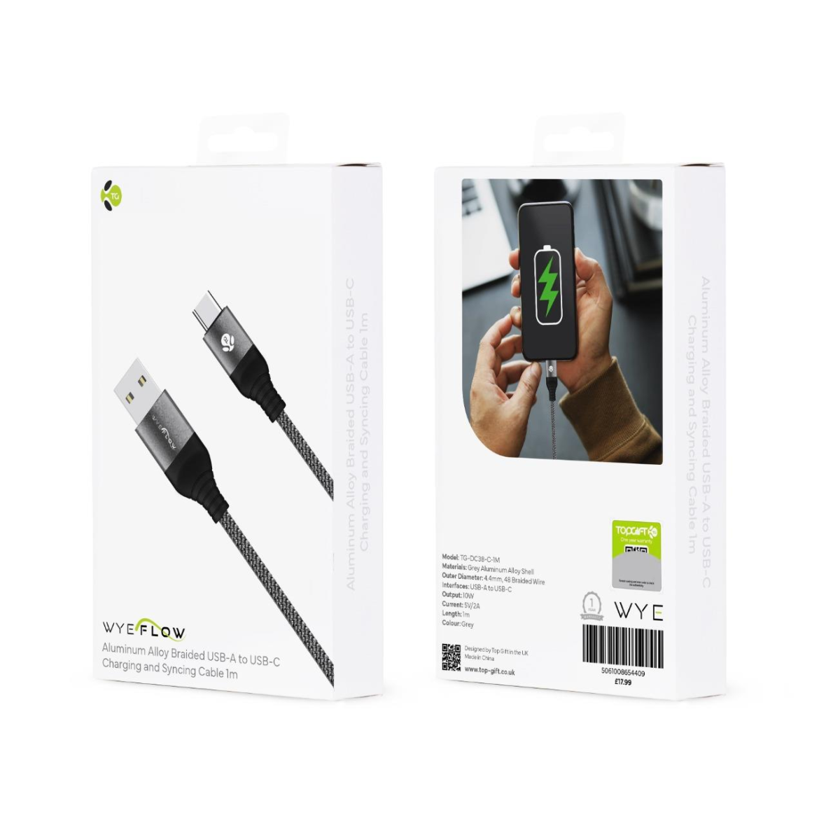 WYEFLOW Aluminium Alloy Braided USB-A to USB-C Charging & Syncing Cable – 48 Braided Wires, 2m, Grey