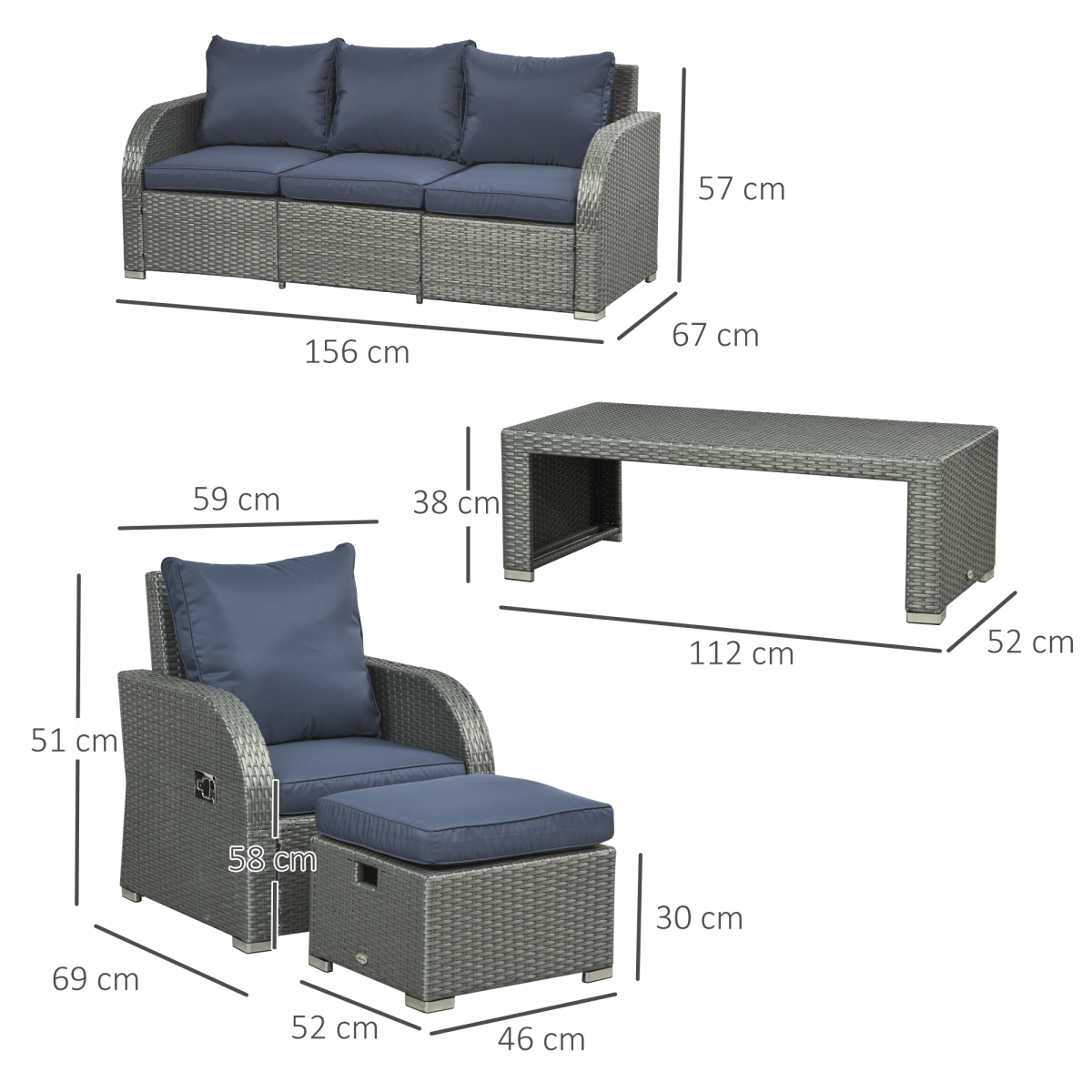 Outsunny 6-Piece Padded Rattan Garden Set with 3-Seater Sofa, 2 Reclining Armchairs, Footstools & Table, Blue