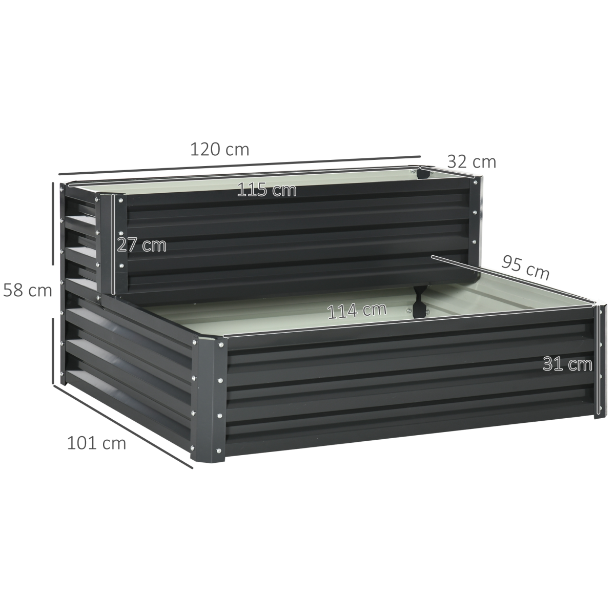 Outsunny 2 Tier Galvanised Steel Raised Garden Bed Planter Box – Open-Bottom Planter for Herbs & Flowers, Dark Grey